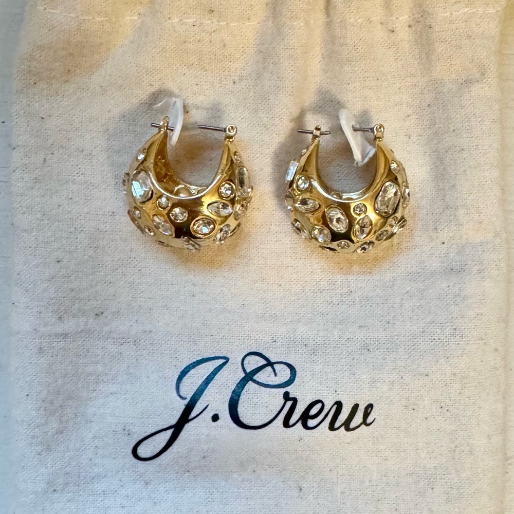 NEW J.Crew Crystal Chunky Goldtone Hoop Earrings